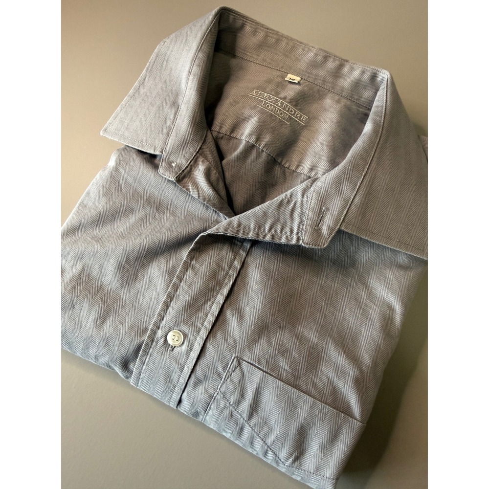 Alexandre London Mens Grey Herringbone Dress Shirt Size 18 Made in UK Cotton